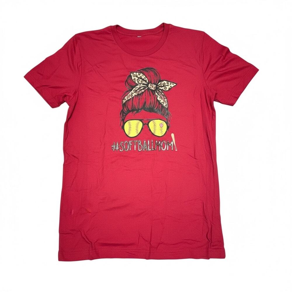 Women’s Softball Mom Graphic T-Shirt Red Leopard Bow Sunglasses Tee